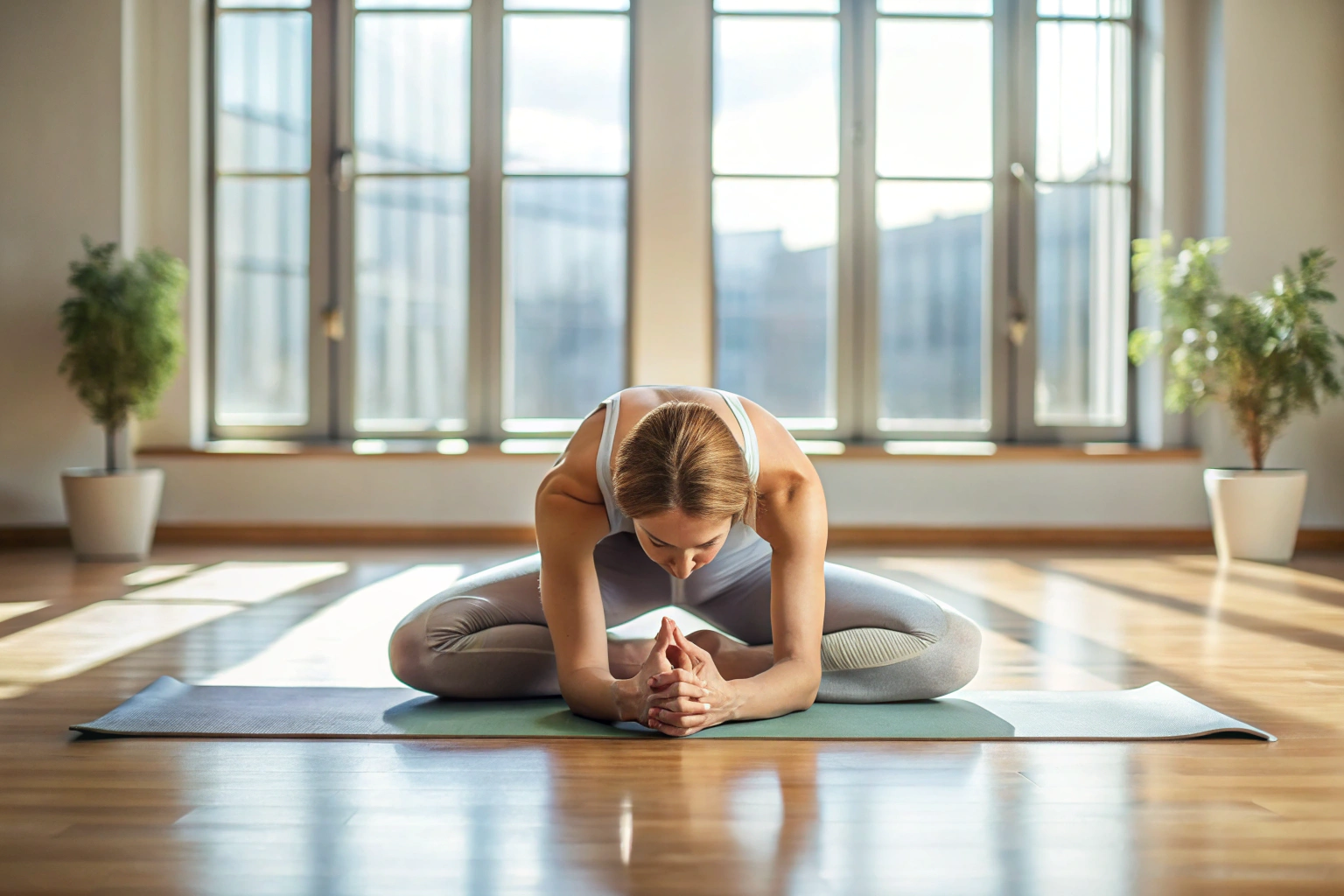 Eine Person in einer entspannten sitzenden Vorbeuge-Pose auf einer Yoga-Matte, in einem ruhigen Raum mit natürlichem Licht, die Hände ruhen auf den ausgestreckten Beinen, der Rücken ist gerade aber entspannt, keine erkennbaren Markierungen oder Text