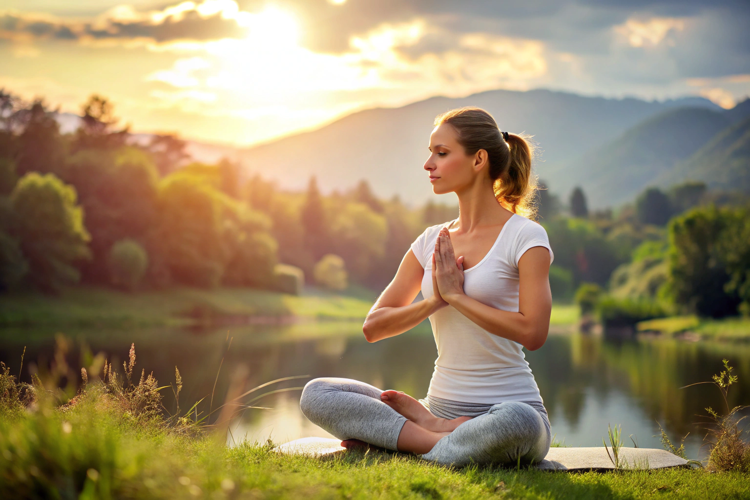 Eine Person in einer meditativen Sitzhaltung vor einem ruhigen, natürlichen Hintergrund, der Frieden und Stille vermittelt
