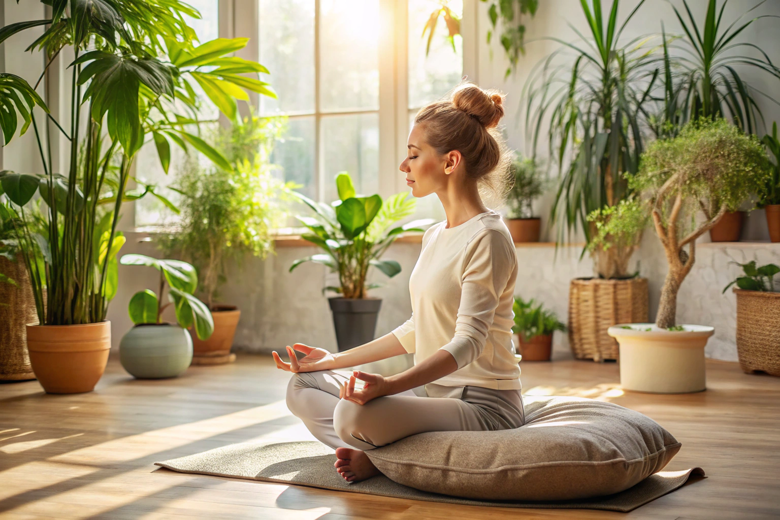 Eine Person, die meditiert, sitzt ruhig auf einem Meditationskissen in einem lichtdurchfluteten Raum mit neutralen Farben, umgeben von dezenten Pflanzen, die eine friedliche Atmosphäre schaffen