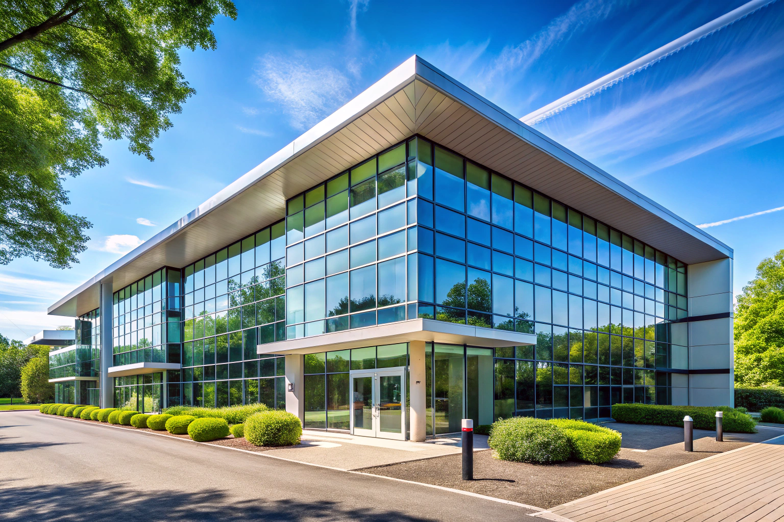 A clean, modern office building with large windows and a welcoming entrance, set against a backdrop of trees and a clear blue sky, no text or branding visible