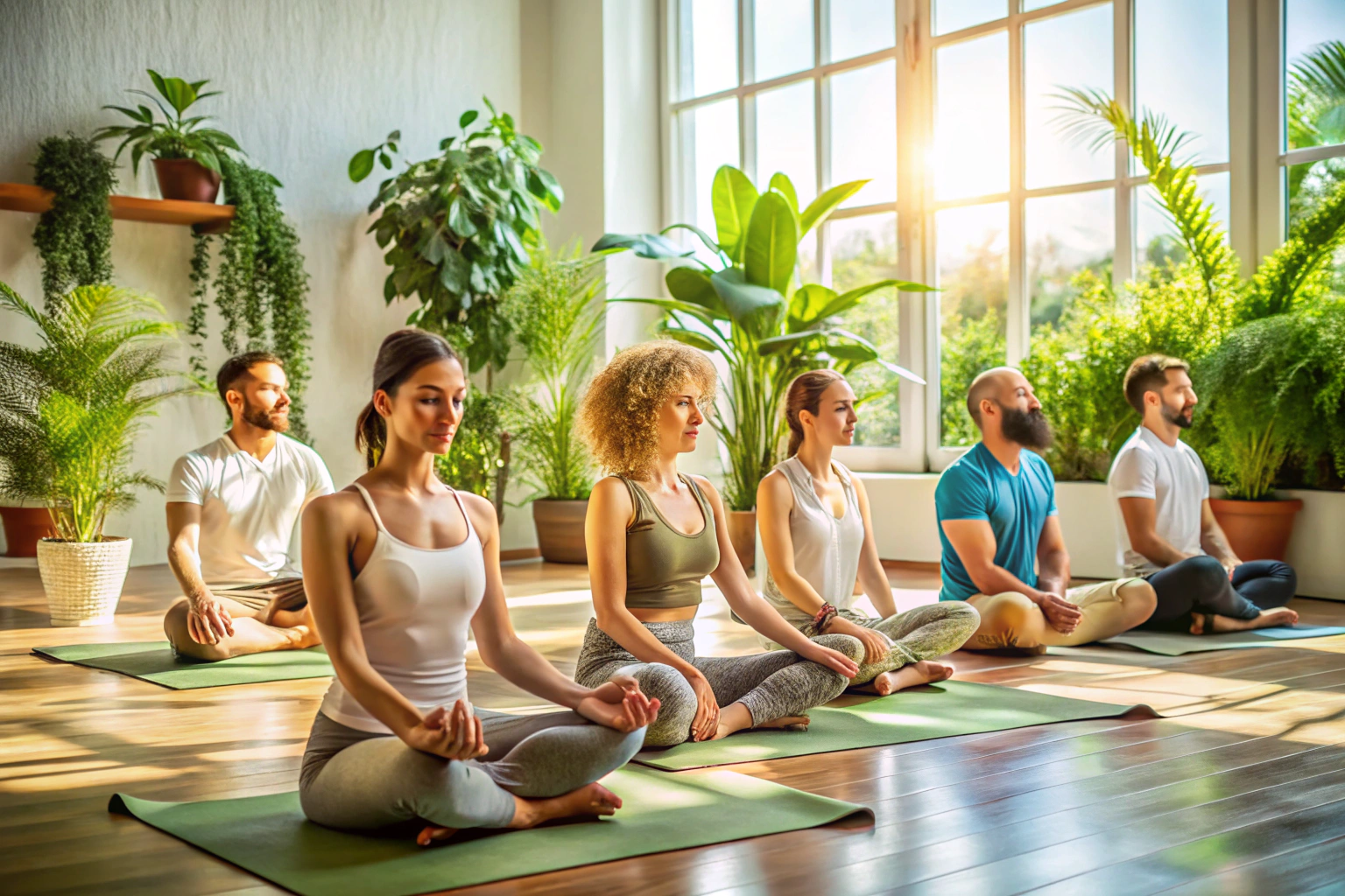 Eine Gruppe von Menschen in einem hell erleuchteten Yoga-Raum, die gemeinsam in meditativen Posen sitzen, umgeben von sanften grünen Pflanzen und warmem natürlichem Licht, das eine Atmosphäre der Ruhe und Verbundenheit schafft
