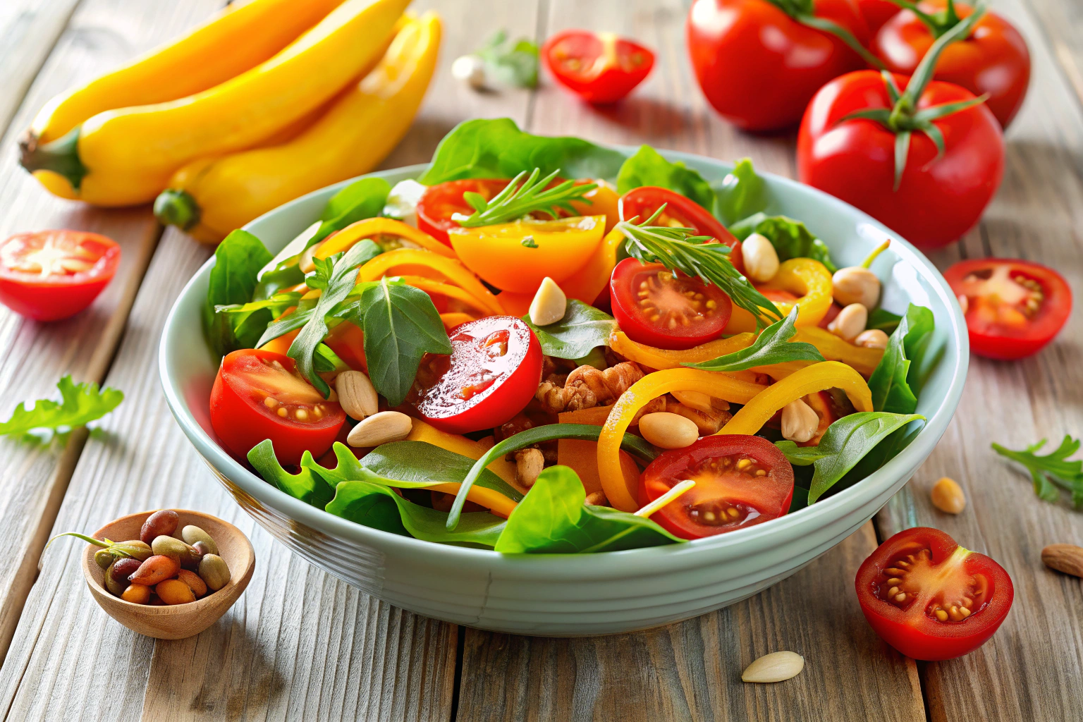 Eine Schüssel mit buntem Gemüsesalat, bestehend aus grünen Blättern, roten Tomaten, gelben Paprikastreifen und Karotten, garniert mit einigen Nüssen, auf einem hellen Holztisch mit natürlichem Licht