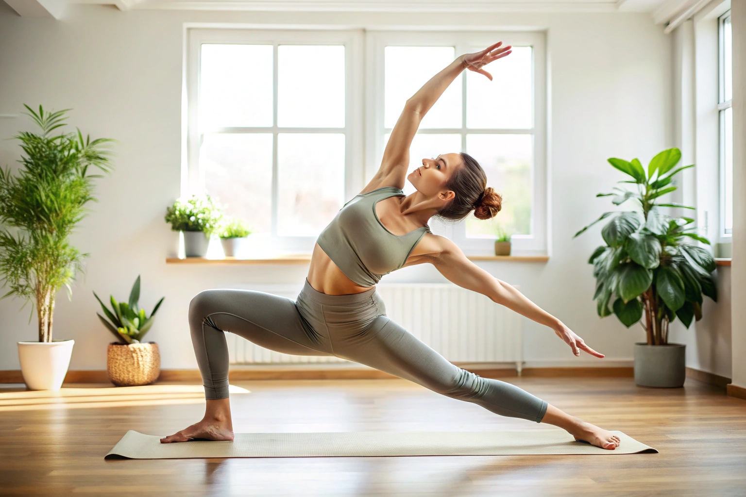 Eine Person in einer Yoga-Pose, die Flexibilität und Stärke demonstriert, mit gestreckten Armen und gebeugten Beinen in einem neutralen Raum ohne erkennbare Elemente